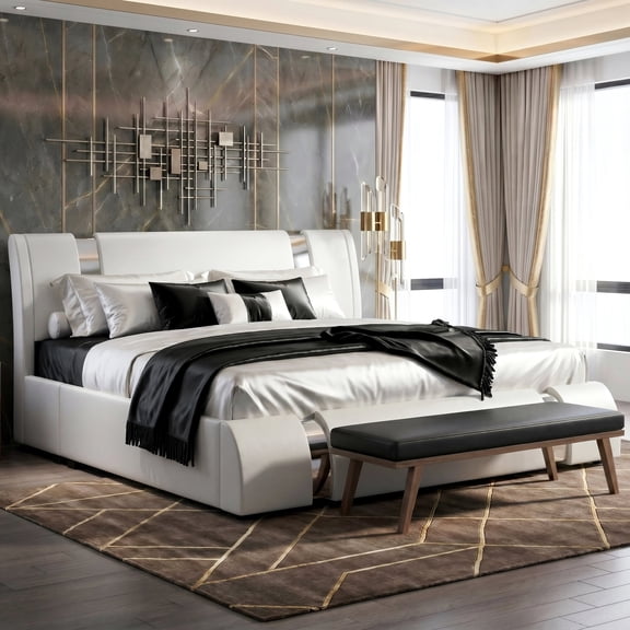 Amolife King Bed Frame with Iron Pieces Decor and Adjustable Headboard, No Box Spring Needed, White