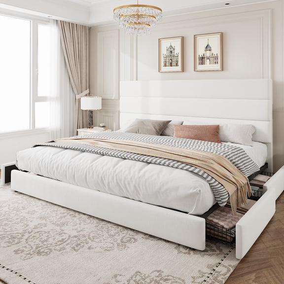 Amolife King Size Storage Platform Bed Frame with 4 Drawers & Upholstered Velvet Slat Headboard, White