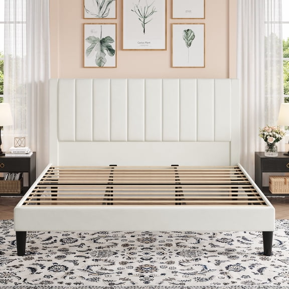 Amolife King Bed Frame with Velvet Vertical Stripe Headboard and Extra Panel, White