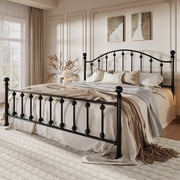 Amolife King Bed Frame with Victorian Style Iron-Art Headboard and Footboard, Ample Under-Bed Storage Space, No Box Spring Needed, Black