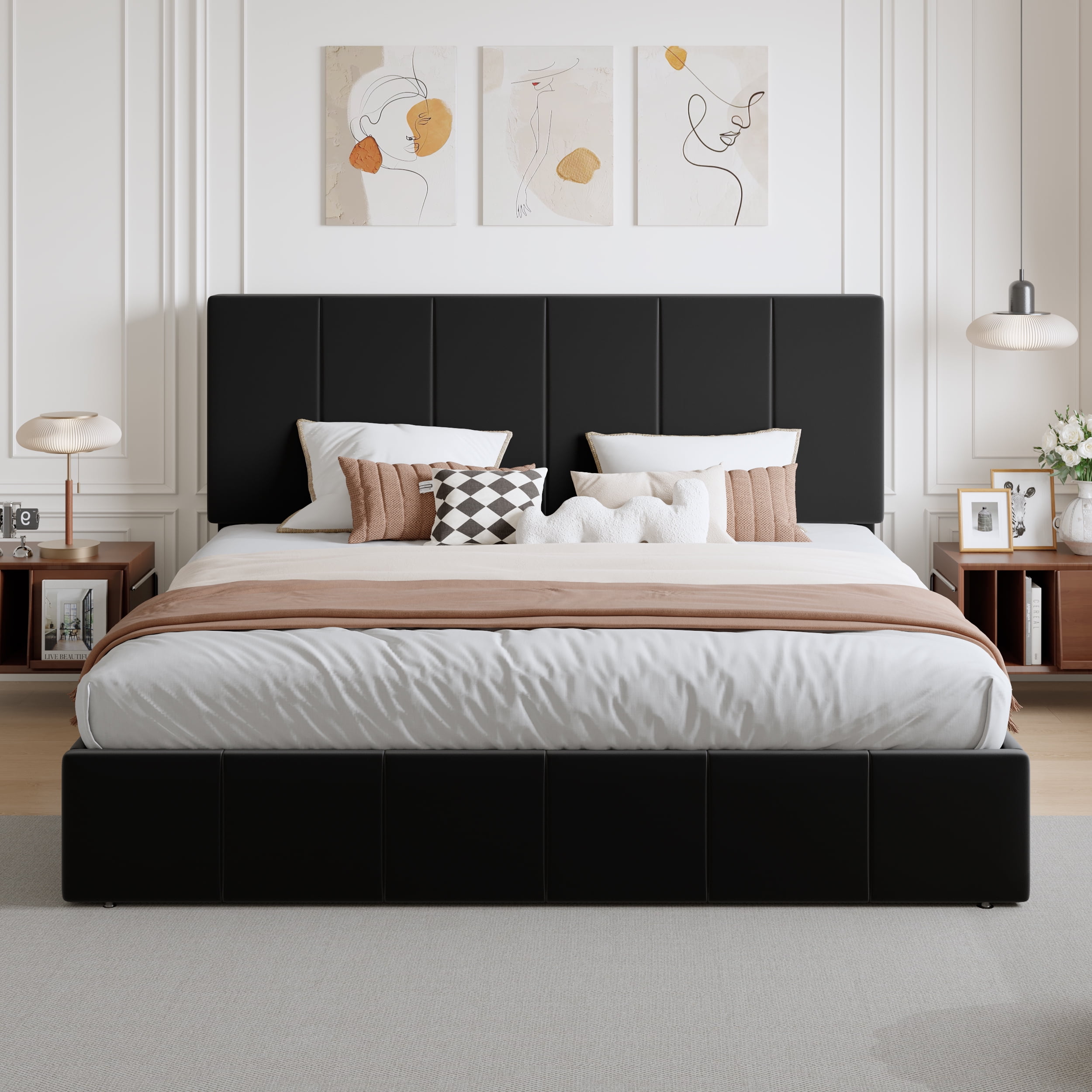 Amolife King Dutch Velvet Upholstered Platform Bed Frame with a Vertical-Channel-Tufted, Adjustable Headboard, Black