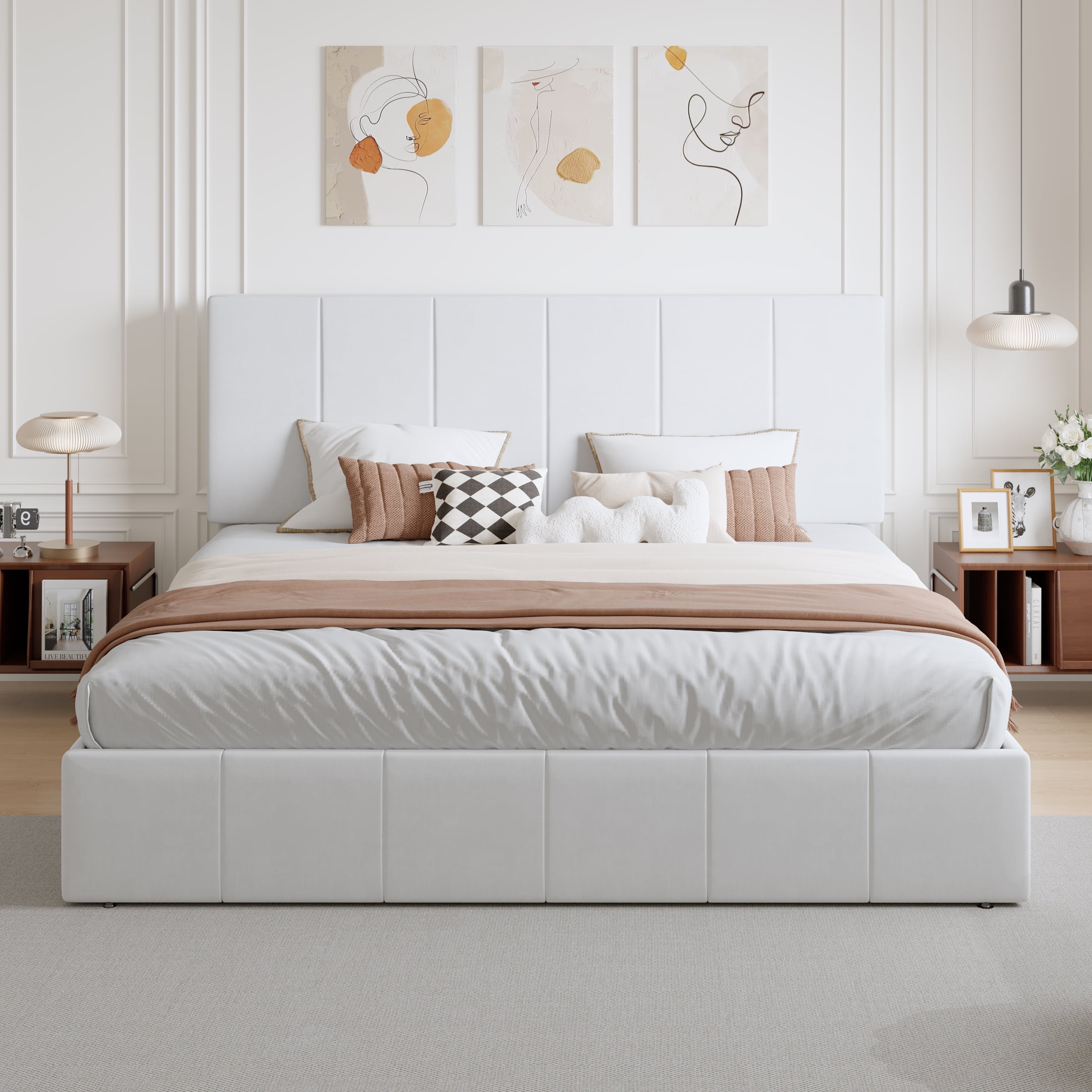 Amolife King Dutch Velvet Upholstered Platform Bed Frame with a Vertical-Channel-Tufted, Adjustable Headboard, White