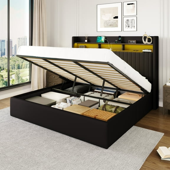 Amolife King Hydraulic Lift-Up Storage Bed Frame, LED Headboard with Fast Charging (USB/Type-C), 2-Tier Shelves & Velvet Upholstered, Black
