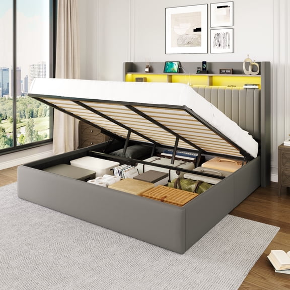 Amolife King Hydraulic Lift-Up Storage Bed Frame, LED Headboard with Fast Charging (USB/Type-C), 2-Tier Shelves & Velvet Upholstered, Gray