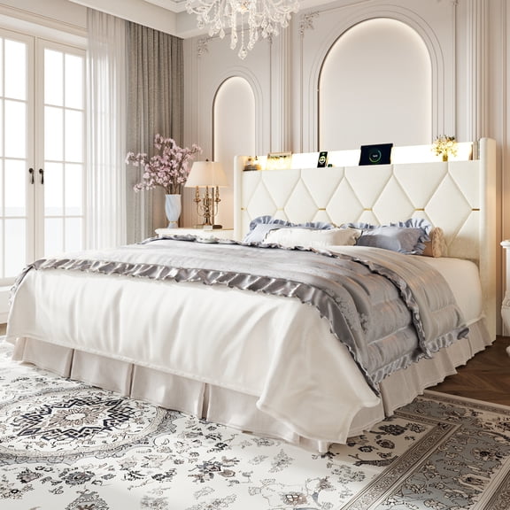 Amolife King Lift Up Storage Bed Frame, Chenille Multi-Functional Headboard, Ample Under-Bed Storage Space, Cream White
