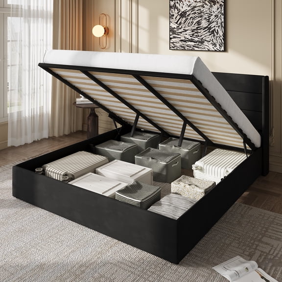 Amolife King Lift Up Storage Bed Frame, Three-Panel Wingback Headboard, Ample Storage Space, No Box Spring Needed, Black