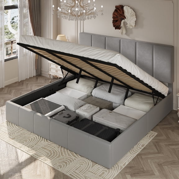Amolife King Lift Up Storage Bed Frame with Velvet Adjustable Headboard and Ample Storage Space, No Box Spring Needed, Gray