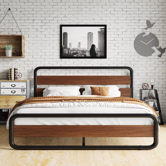 Amolife King Bed Frame with Headboard and Footboard, Metal Platform Bed, No Box Spring Required, Brown