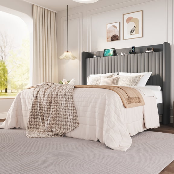 Amolife King Size Bed Frame with Advanced 4-in-1 Charging Hub (2 AC Outlets, 1 Type-C, 1 USB) & Storage Shelf, Upholstered Velvet Wingback Headboard, Gray