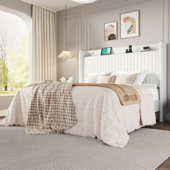 Amolife King Size Bed Frame with Advanced 4-in-1 Charging Hub (2 AC Outlets, 1 Type-C, 1 USB) & Storage Shelf, Upholstered Velvet Wingback Headboard, White