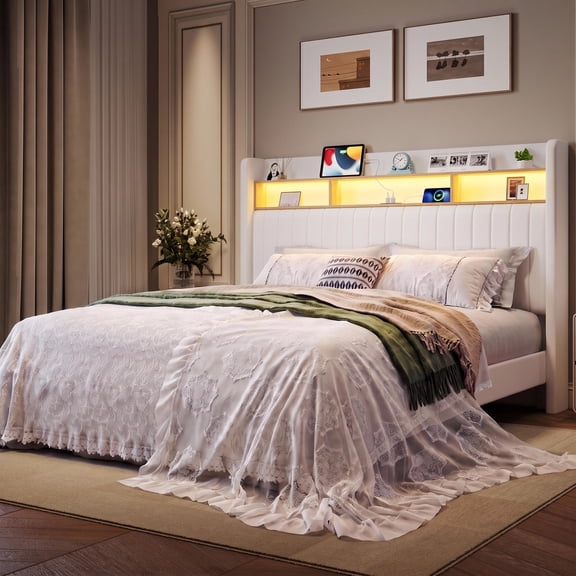 Amolife King Size Bed Frame, Platform Bed with RGB LED Lights & Charging Station, Velvet Wingback Headboard, Easy Assembly, No Box Spring Needed, White
