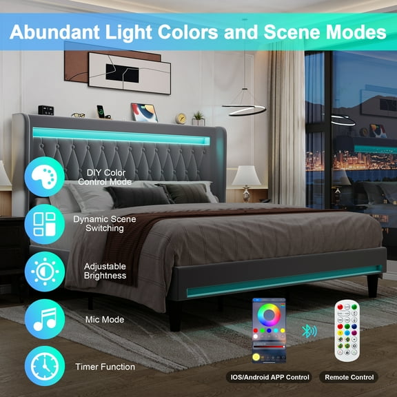 Amolife King Size LED Bed Frame, Upholstered Velvet Platfrom Bed with Charging Station, High Wingback Headboard & 2 Lights, No Box Spring Needed, 1000 LBS Capacity, Gray
