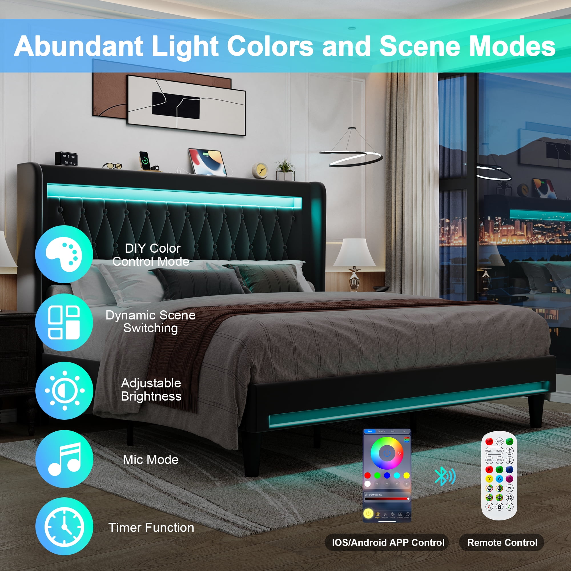 Amolife King Size LED Bed Frame, Upholstered Velvet Platfrom Bed with Charging Station, High Wingback Headboard & 2 Lights, No Box Spring Needed, 1000 LBS Capacity, Black