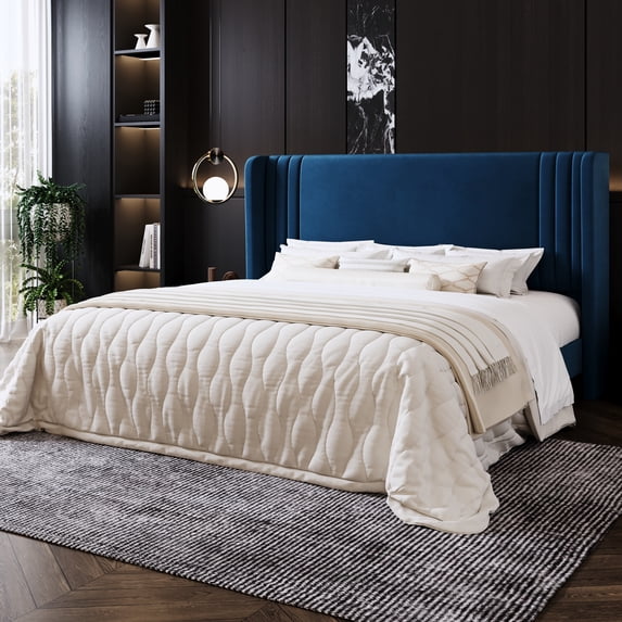 Amolife King Size Bed Frame, Velvet Platform Bed with Upholstered Wingback Headboard, No Box Spring Needed, Blue