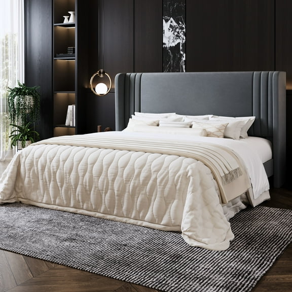 Amolife King Size Bed Frame, Velvet Platform Bed with Upholstered Wingback Headboard, No Box Spring Needed, Gray
