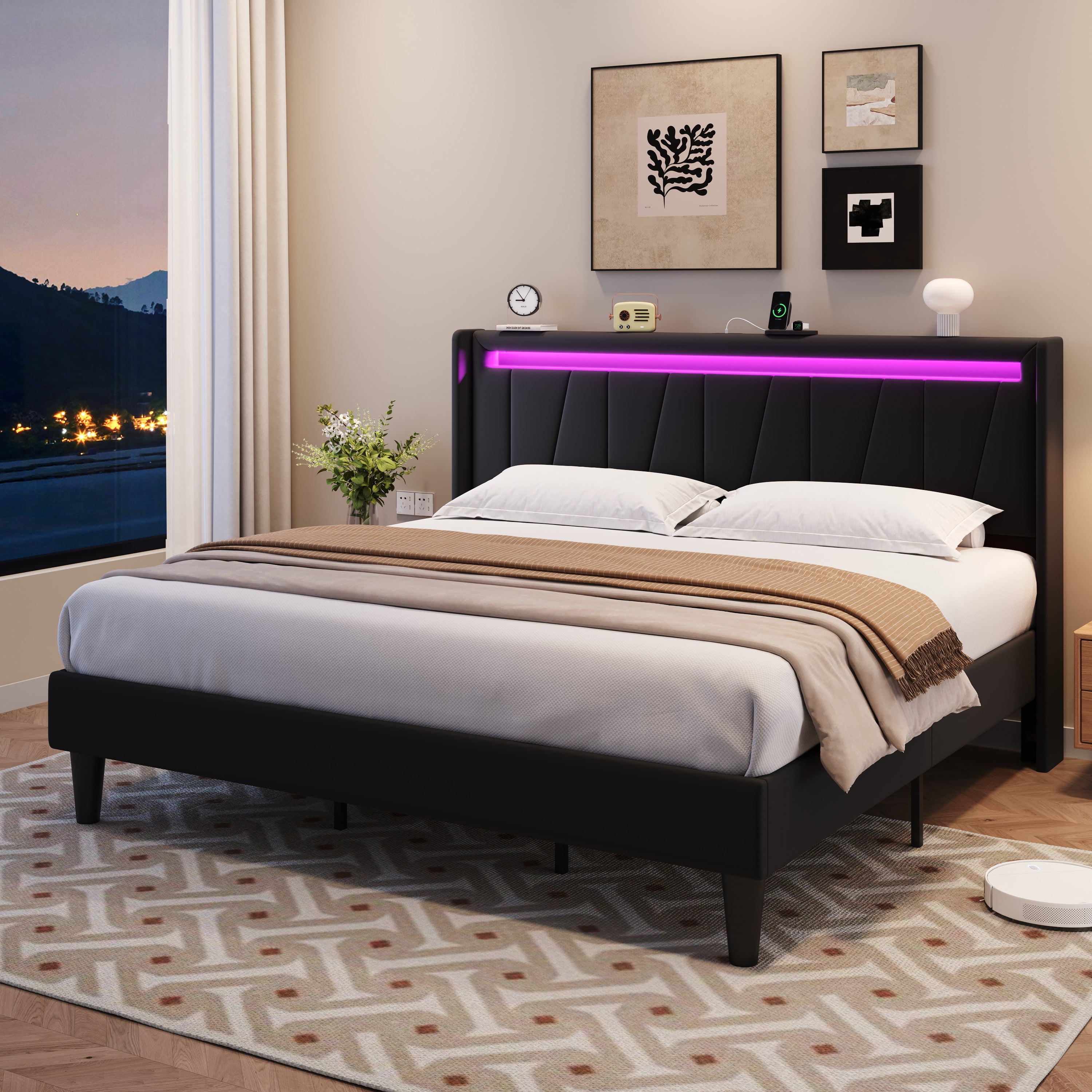 Amolife King Size Bed Frame with Charging Station & LED Light, Velvet Upholstered Platform Bed with Geometric Wingback Headboard, Black