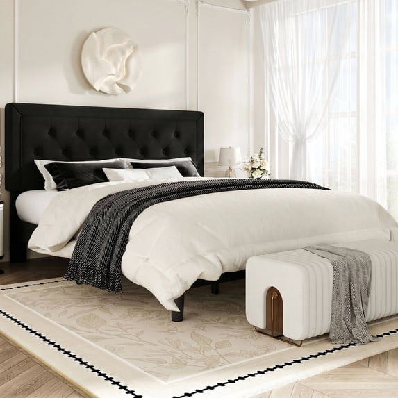 Amolife King Size Bed Frame with Upholstered Adjustable Headboard, No Box Spring Required, Black, Fabric