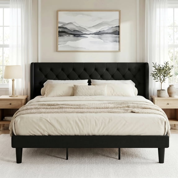 Amolife King Size Upholstered Platform Bed Frame with Fabric Diamond Deluxe Wingback Headboard, Black