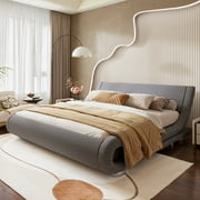 Amolife King Size Fabric Upholstered Platform Bed Frame, Curved Adjustable Headboard, Grey