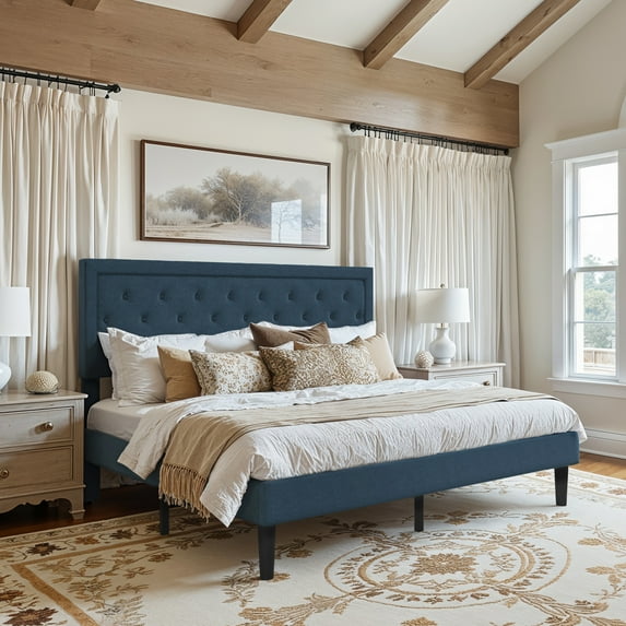 Amolife King Bed Frame with Adjustable Headboard, Fabric Upholstered Platform Bed, No Box Spring Required, Blue
