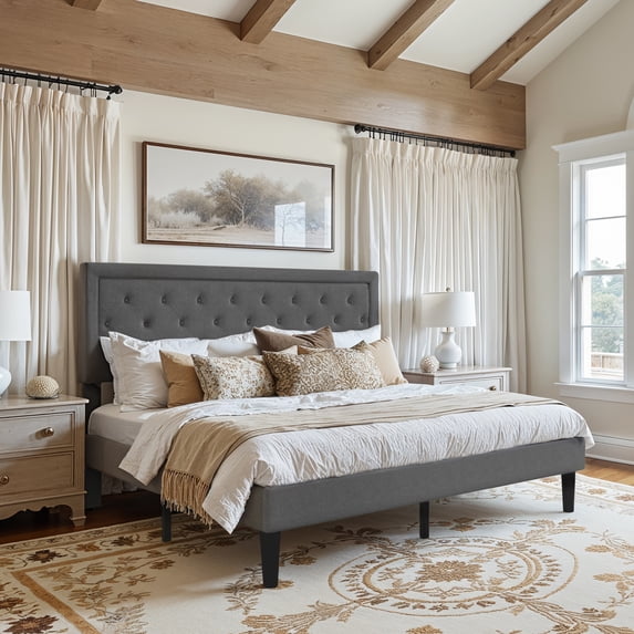 Amolife King Bed Frame with Adjustable Headboard, Fabric Upholstered Platform Bed, No Box Spring Required, Dark Gray