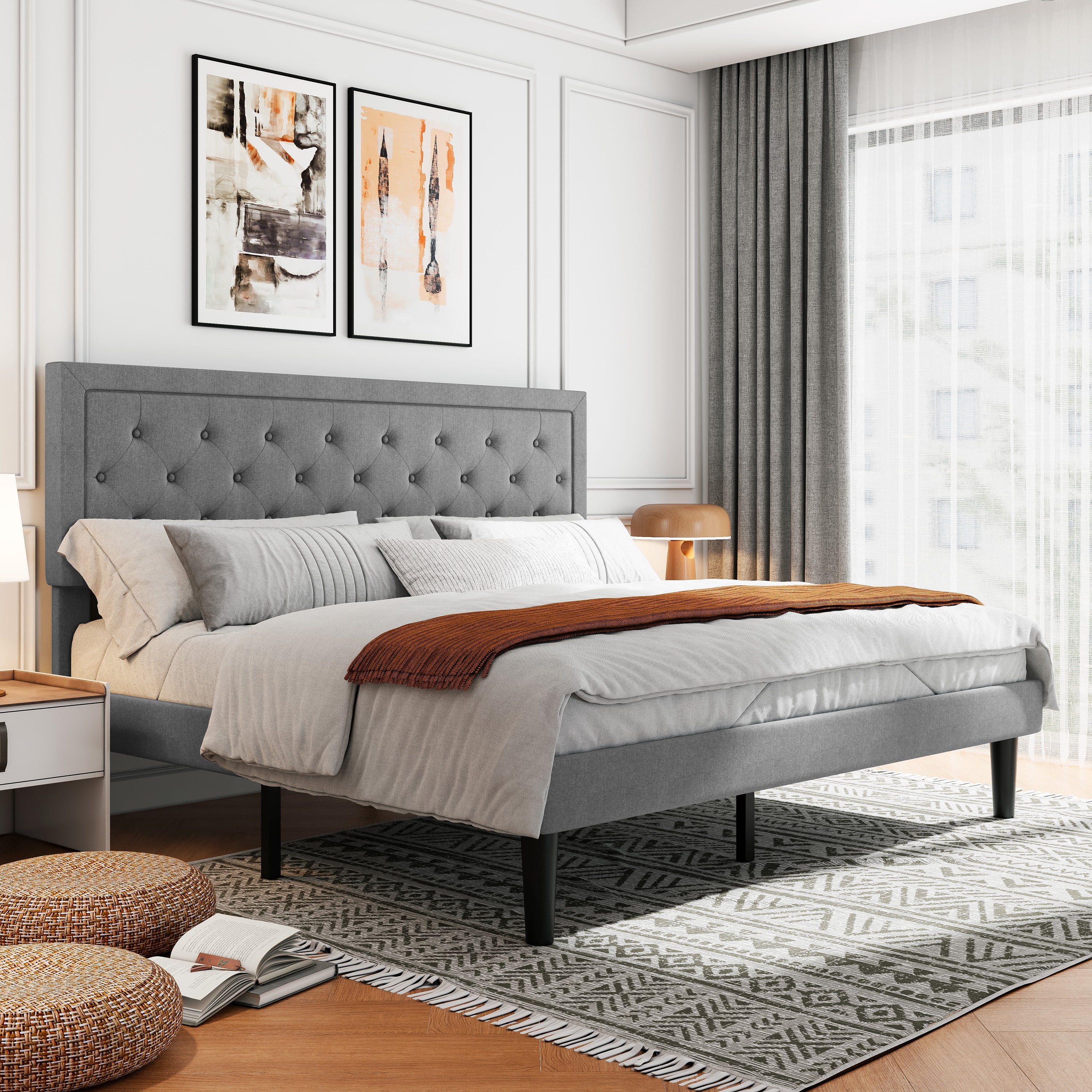 Amolife King Size Fabric Upholstered Platform Bed Frame with Button