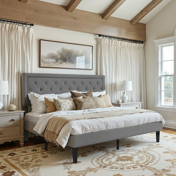 Amolife King Bed Frame with Adjustable Headboard, Fabric Upholstered Platform Bed, No Box Spring Required, Light Gray