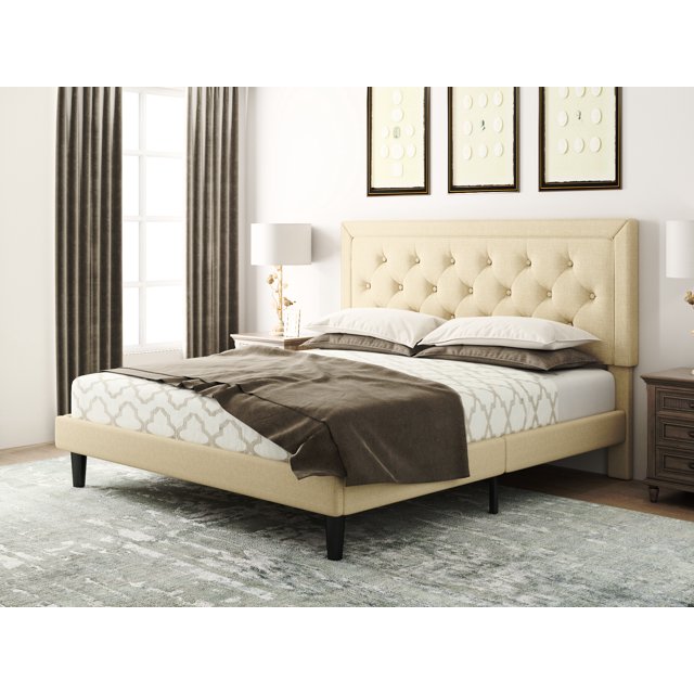 Amolife King Size Fabric Upholstered Platform Bed Frame with Button