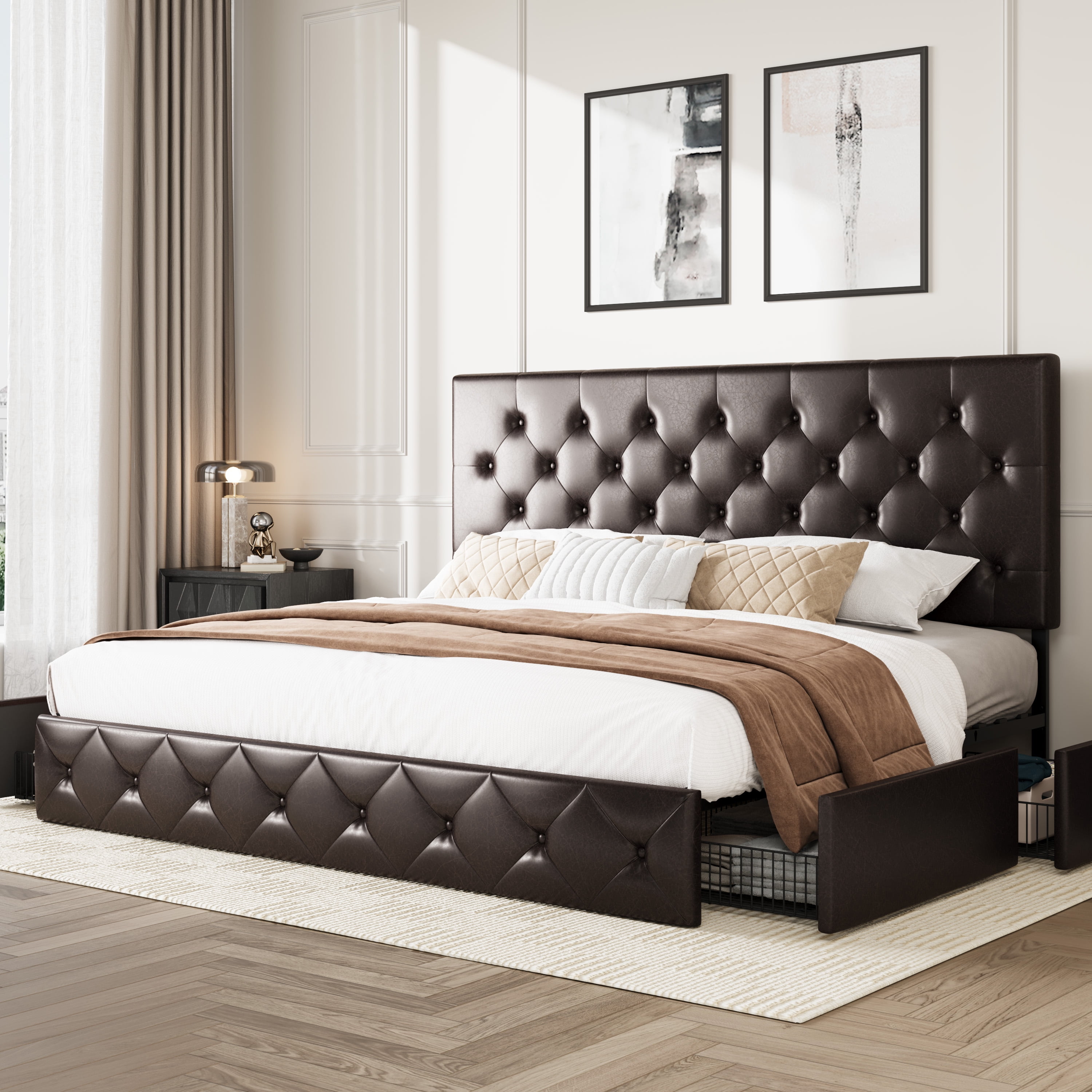 Amolife King Size Bed Frame, Faux Leather Platform with 4 Storage
