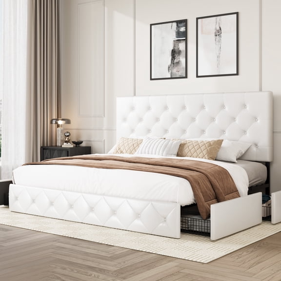 Amolife King Bed Frame with 4 Storage Drawers and Faux Leather Headboard, White