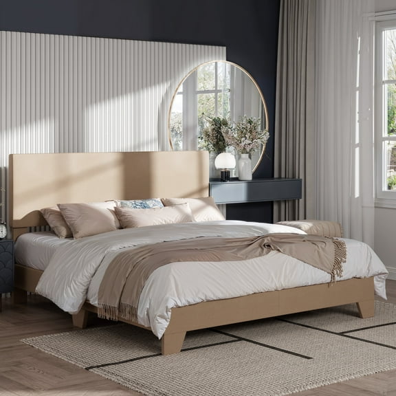 Amolife King Bed Frame, Fabric Platform Bed with Adjustable Headboard, No Box Spring Required, Beige
