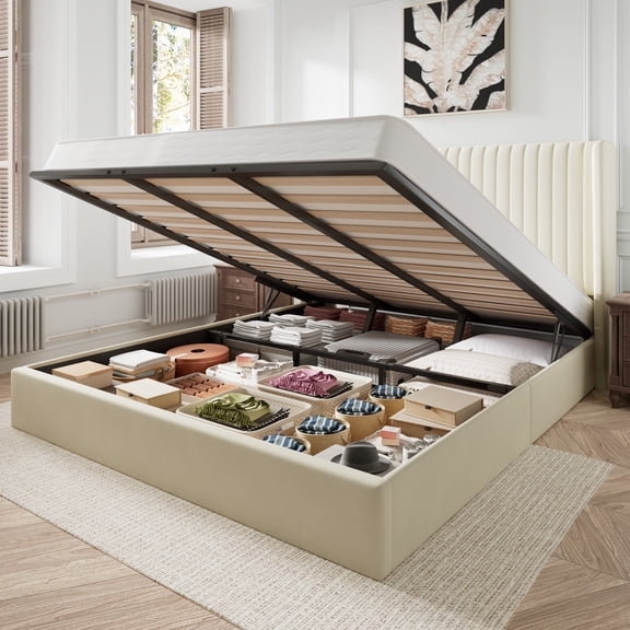 Amolife King Size Lift Up Hydraulic Storage Bed Frame, Platform Bed with Upholstered Wingback Headboard with Vertical Channel Tufting, Cream