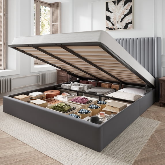 Amolife King Size Lift Up Hydraulic Storage Bed Frame, Platform Bed with Upholstered Wingback Headboard with Vertical Channel Tufting, Gray