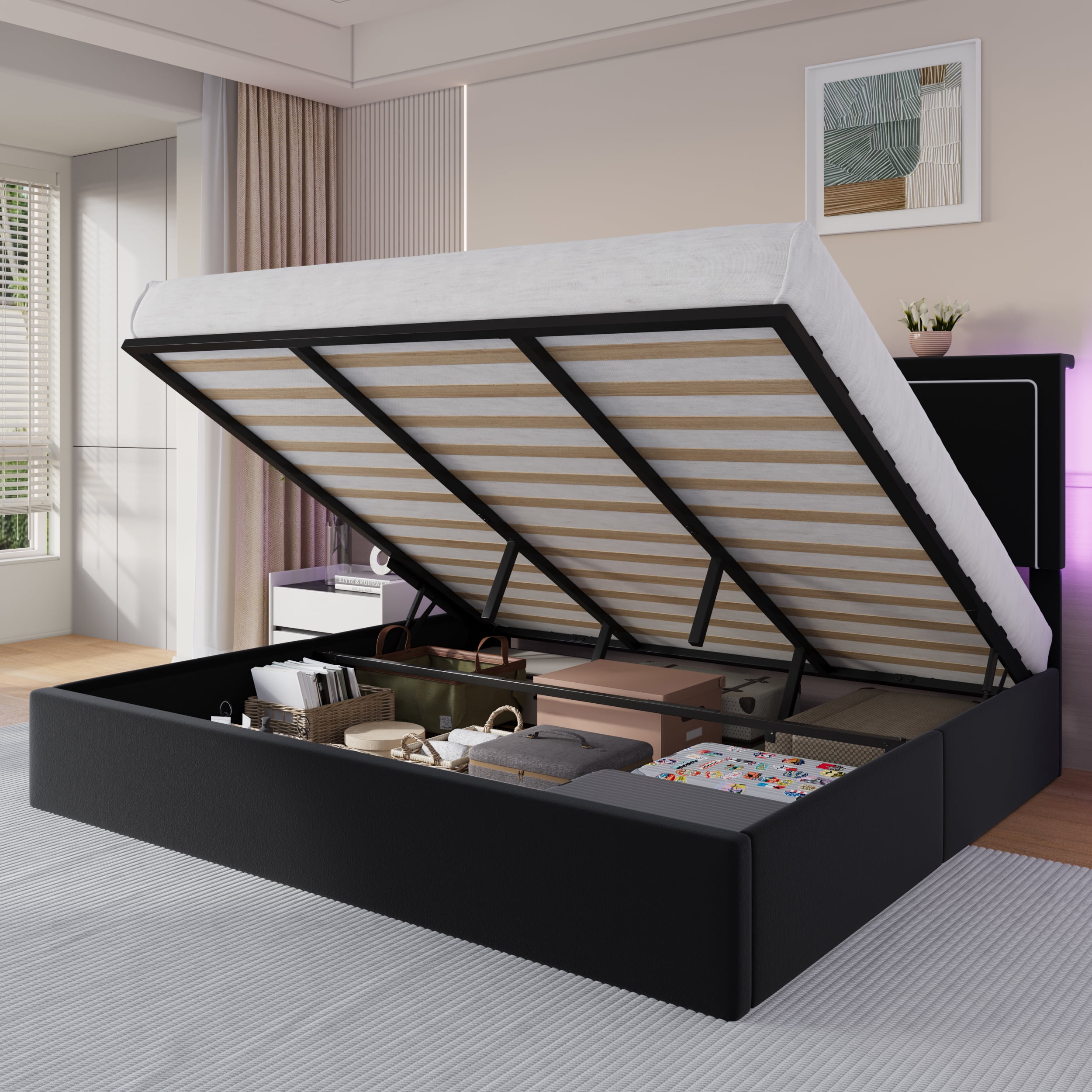 Amolife King Size Lift Up Hydraulic Storage Bed Frame with LED Light ...