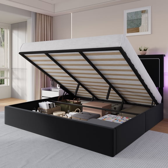Amolife King Size Lift Up Hydraulic Storage Bed Frame with LED Light, Built-in Charging Station, Adjustable Velvet Upholstered Storage Headboard, Black