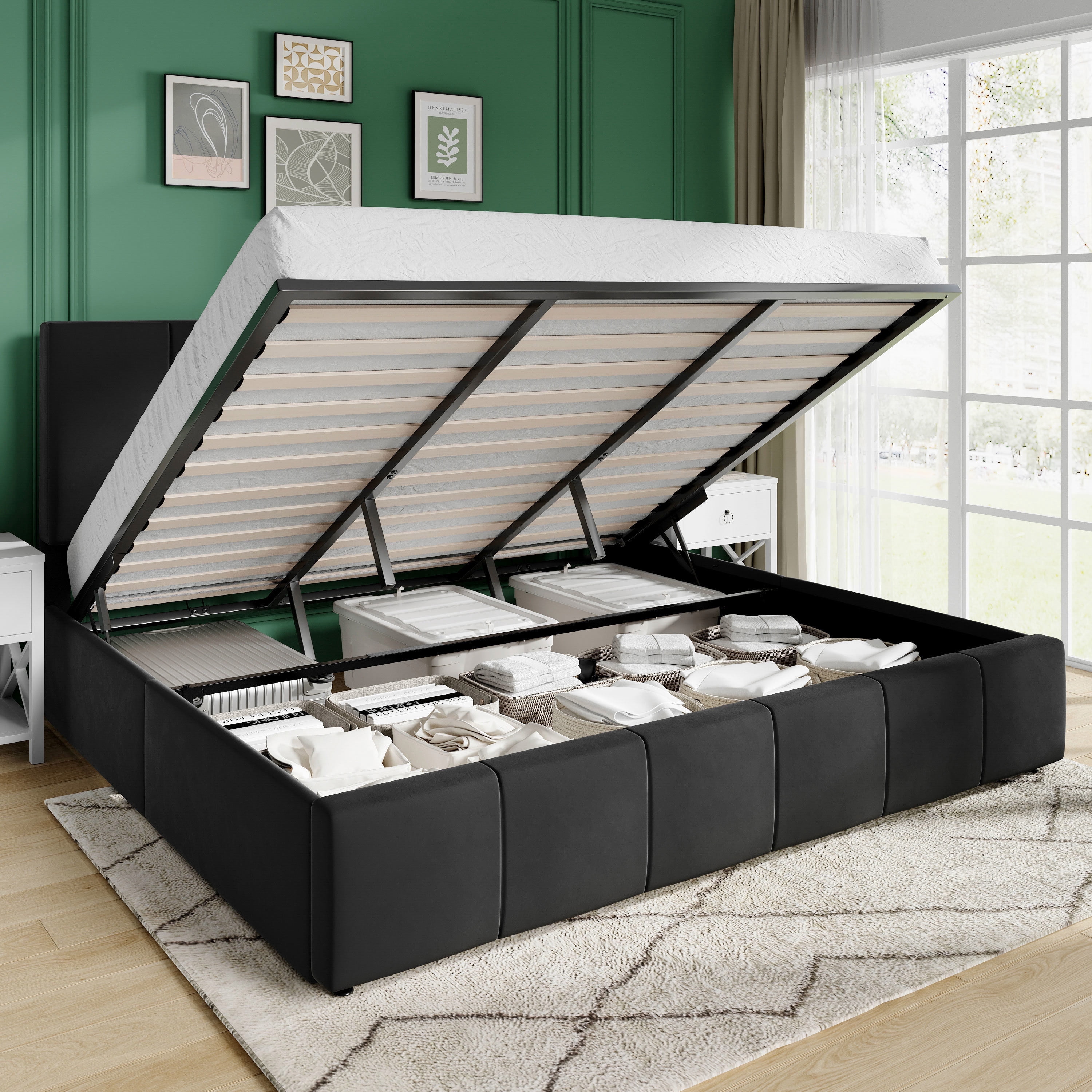 Amolife King Size Lift Up Storage Bed Frame, Velvet Upholstered Platform Bed with Adjustable Headboard, No Box Spring Needed, Black