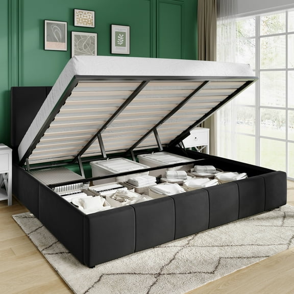 Amolife King Size Lift Up Storage Bed Frame, Velvet Upholstered Platform Bed with Adjustable Headboard, No Box Spring Needed, Black