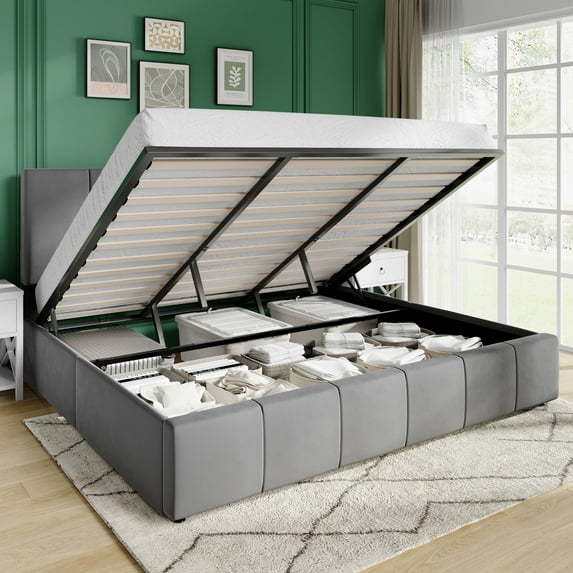 Amolife King Size Lift Up Storage Bed Frame, Velvet Upholstered Platform Bed with Adjustable Headboard, No Box Spring Needed, Gray