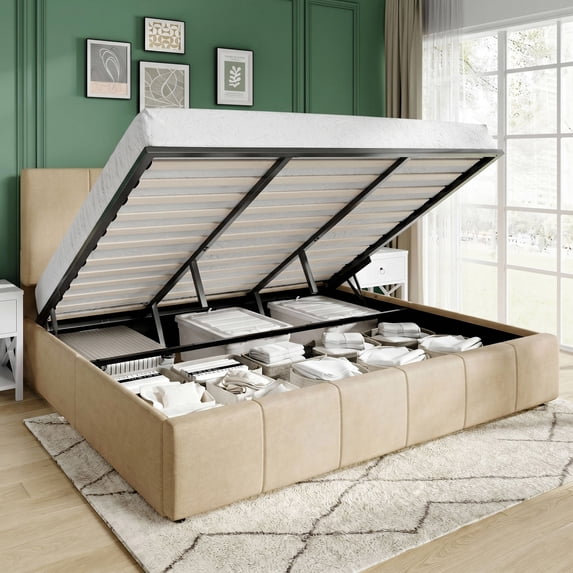 Amolife King Size Lift Up Storage Bed Frame, Velvet Upholstered Platform Bed with Adjustable Headboard, No Box Spring Needed, Beige