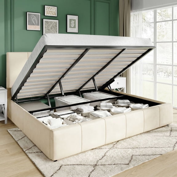 Amolife King Size Lift Up Storage Bed Frame, Velvet Upholstered Platform Bed with Adjustable Headboard, No Box Spring Needed, Cream White