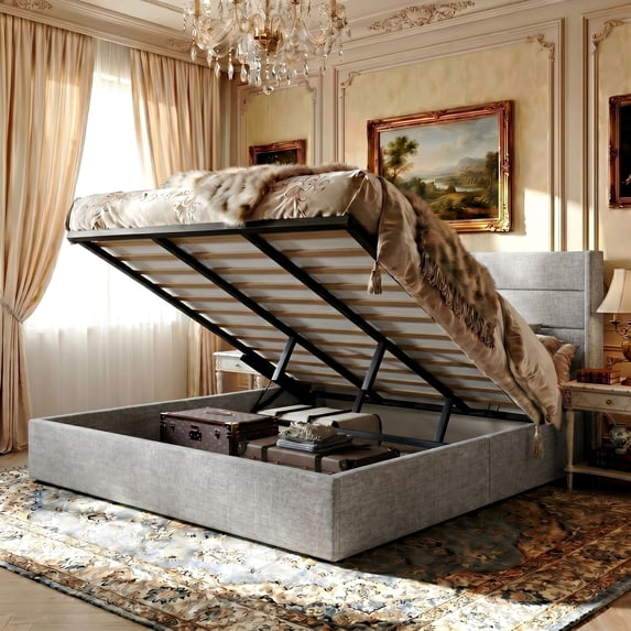 Amolife King Size Lift Up Storage Bed Frame With Upholstered Wingback Headboard, Hydraulic Support, No Box Spring Needed, Beige