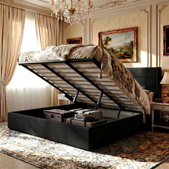 Amolife King Size Lift Up Storage Bed Frame With Upholstered Wingback Headboard, Hydraulic Support, No Box Spring Needed, Black