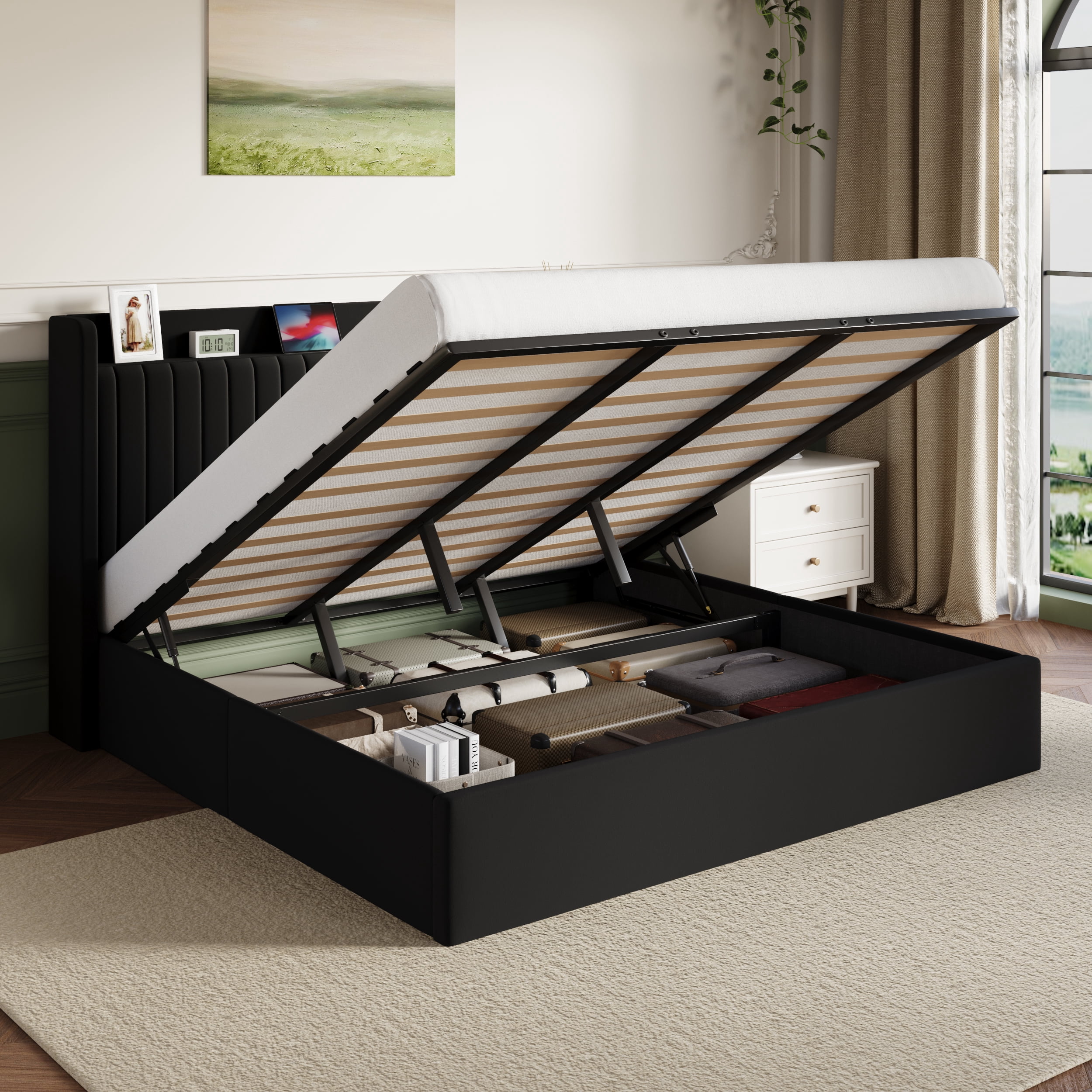 Amolife King Size Lift Up Storage Platform Bed Frame with Velvet Built ...
