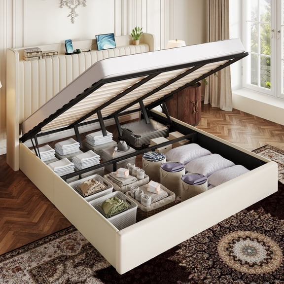 Amolife King Size Lift Up Storage Platform Bed Frame with Velvet Built-in Charging Station Wingback Headboard, Cream