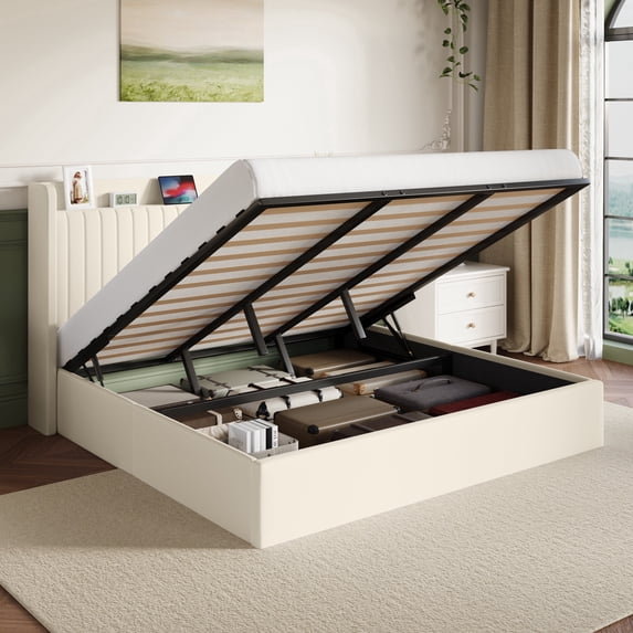 Amolife King Size Lift Up Storage Platform Bed Frame with Velvet Built-in Charging Station Wingback Headboard, Cream