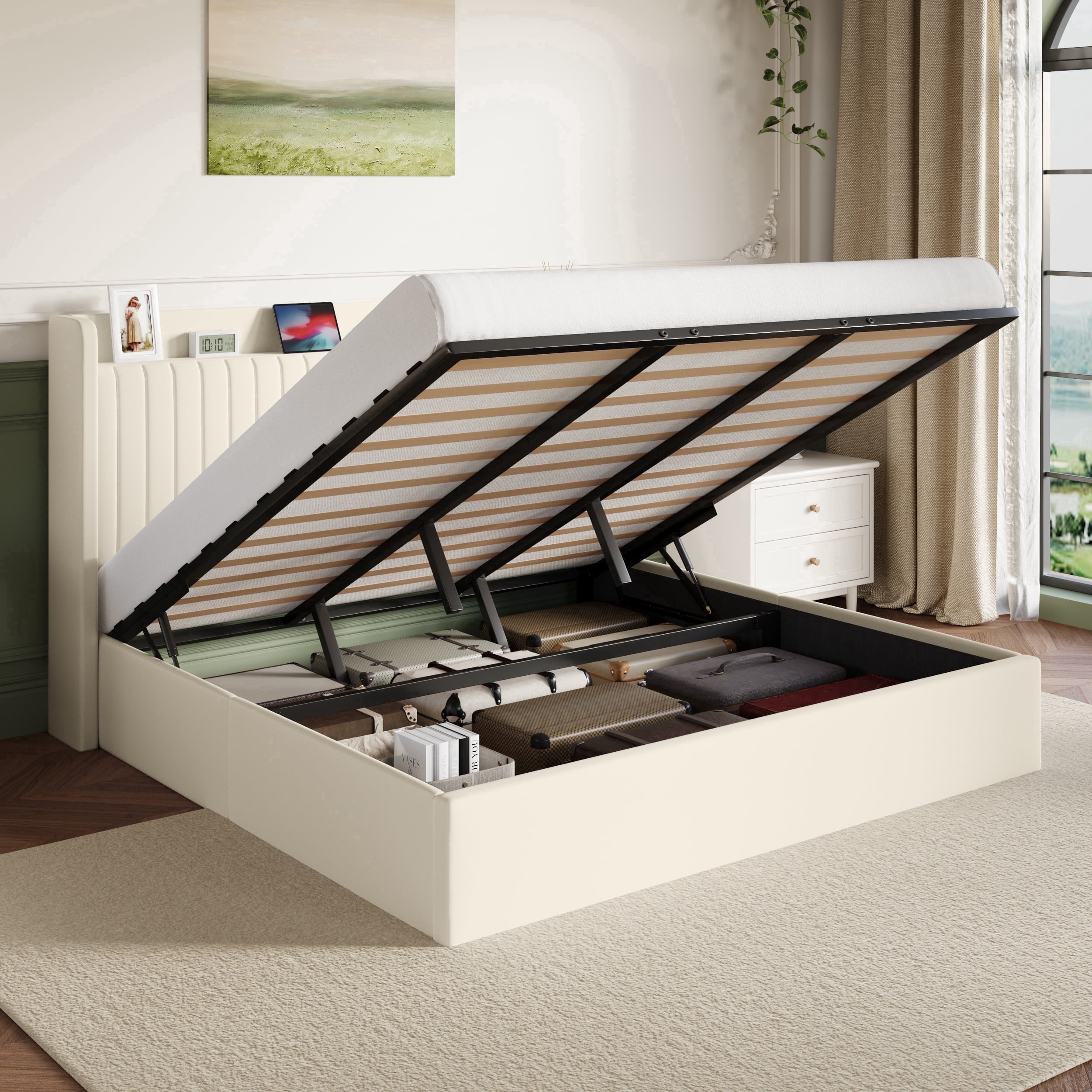 Amolife King Size Lift Up Storage Platform Bed Frame with Velvet Built-in Charging Station Wingback Headboard, Cream