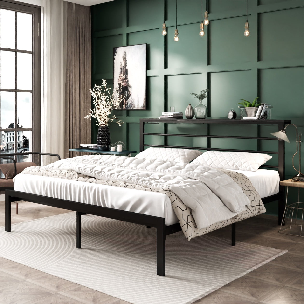 Amolife King Size Metal Bed Frame with Headboard Shelf, Black Oak