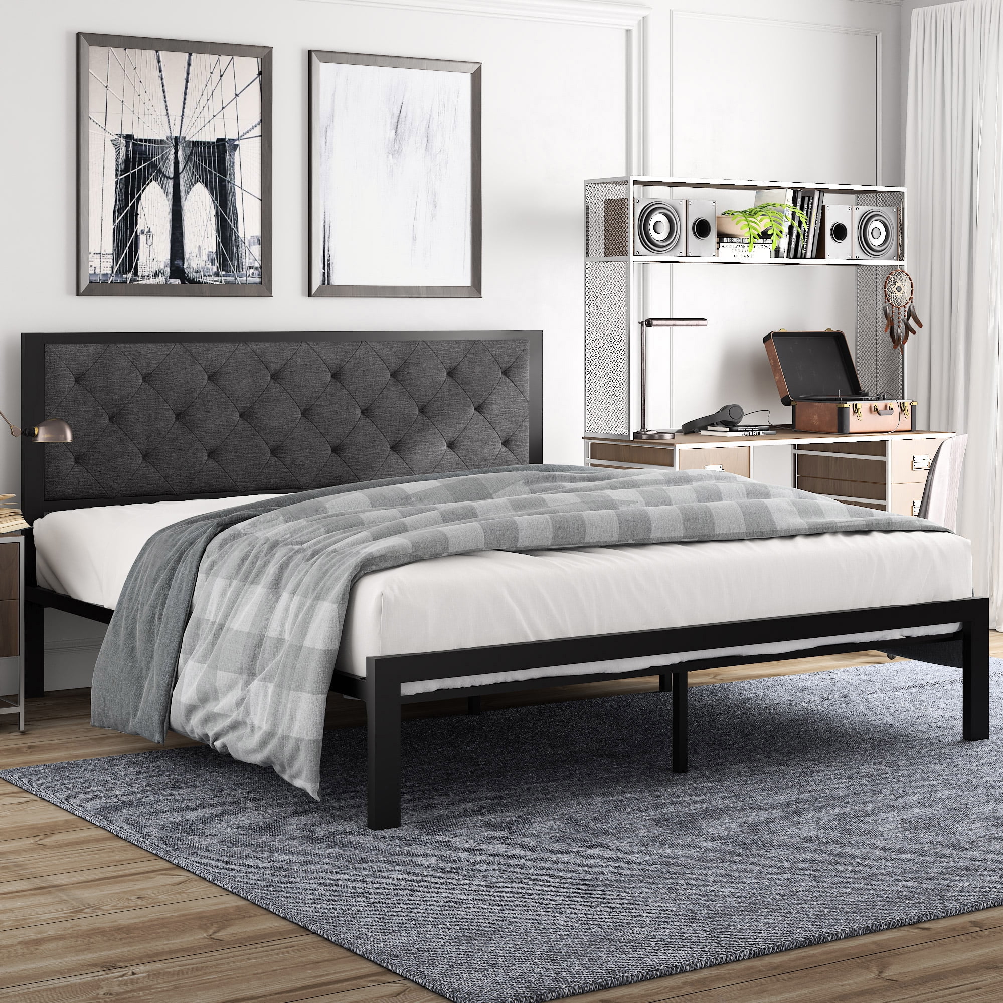 Amolife King Size Metal Bed Frame with Upholstered Headboard Dark Grey