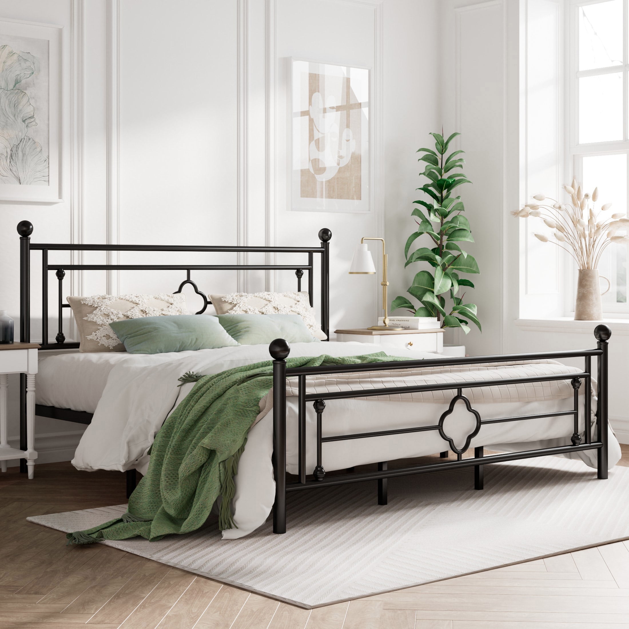 Amolife King Size Metal Bed Frame with Vintage Cross Pattern Headboard