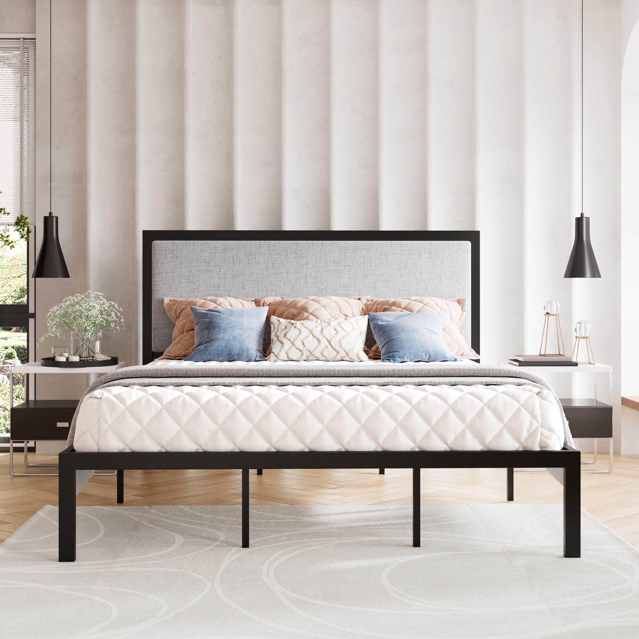 Amolife King Size Metal Platform Bed Frame with Upholstered Headboard